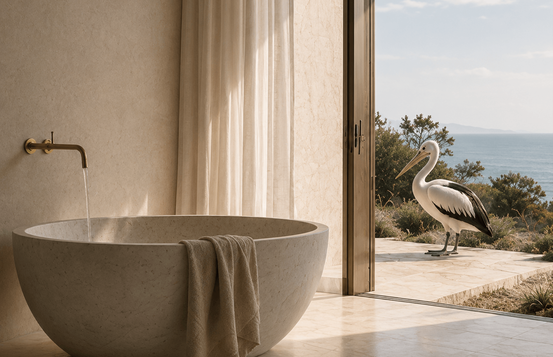 Freestanding stone bathtub beside an open seaside doorway with a pelican standing outside.