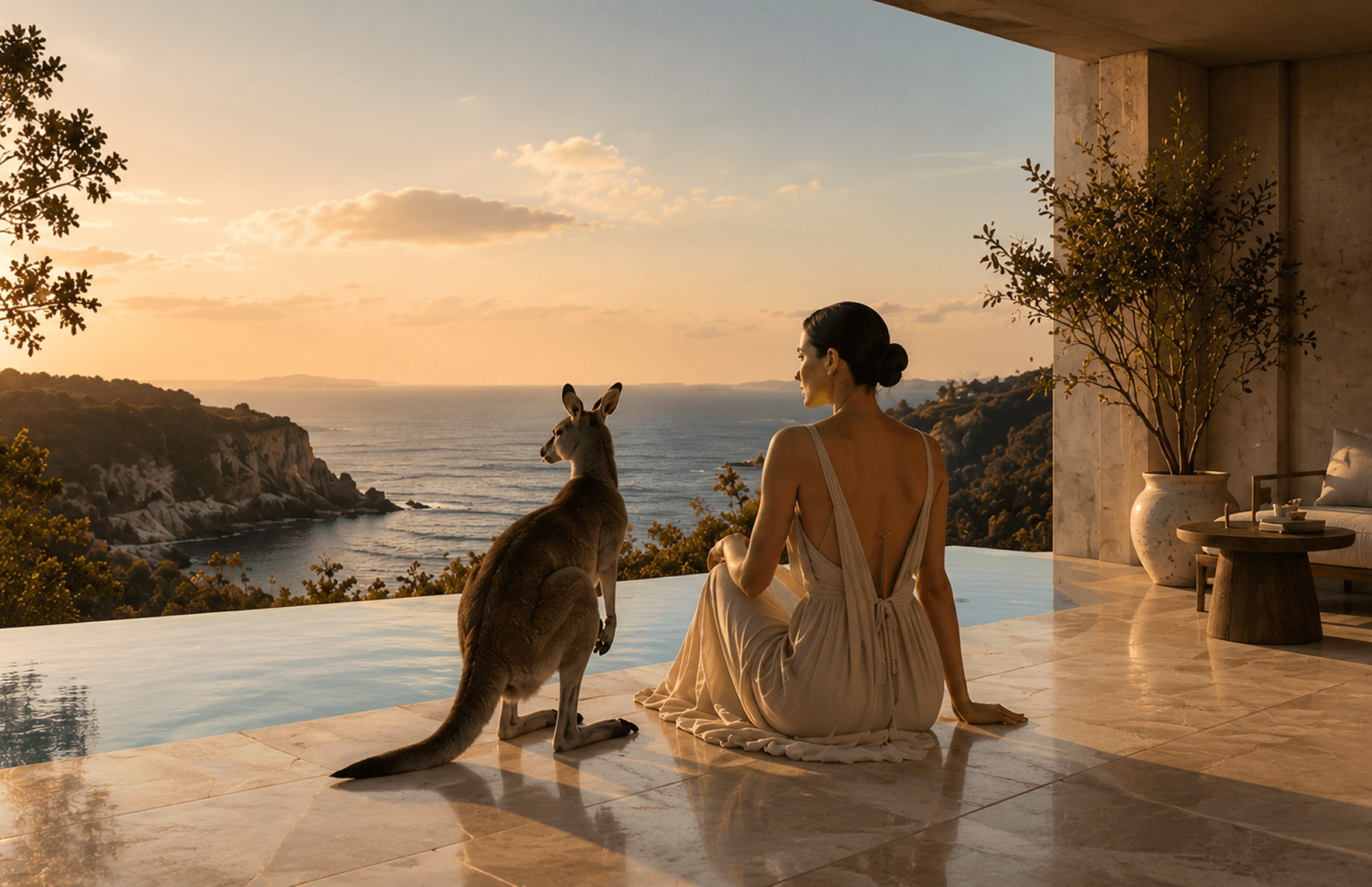 Woman in a flowing dress and kangaroo sit beside an infinity pool overlooking a sunset-lit rocky coast.