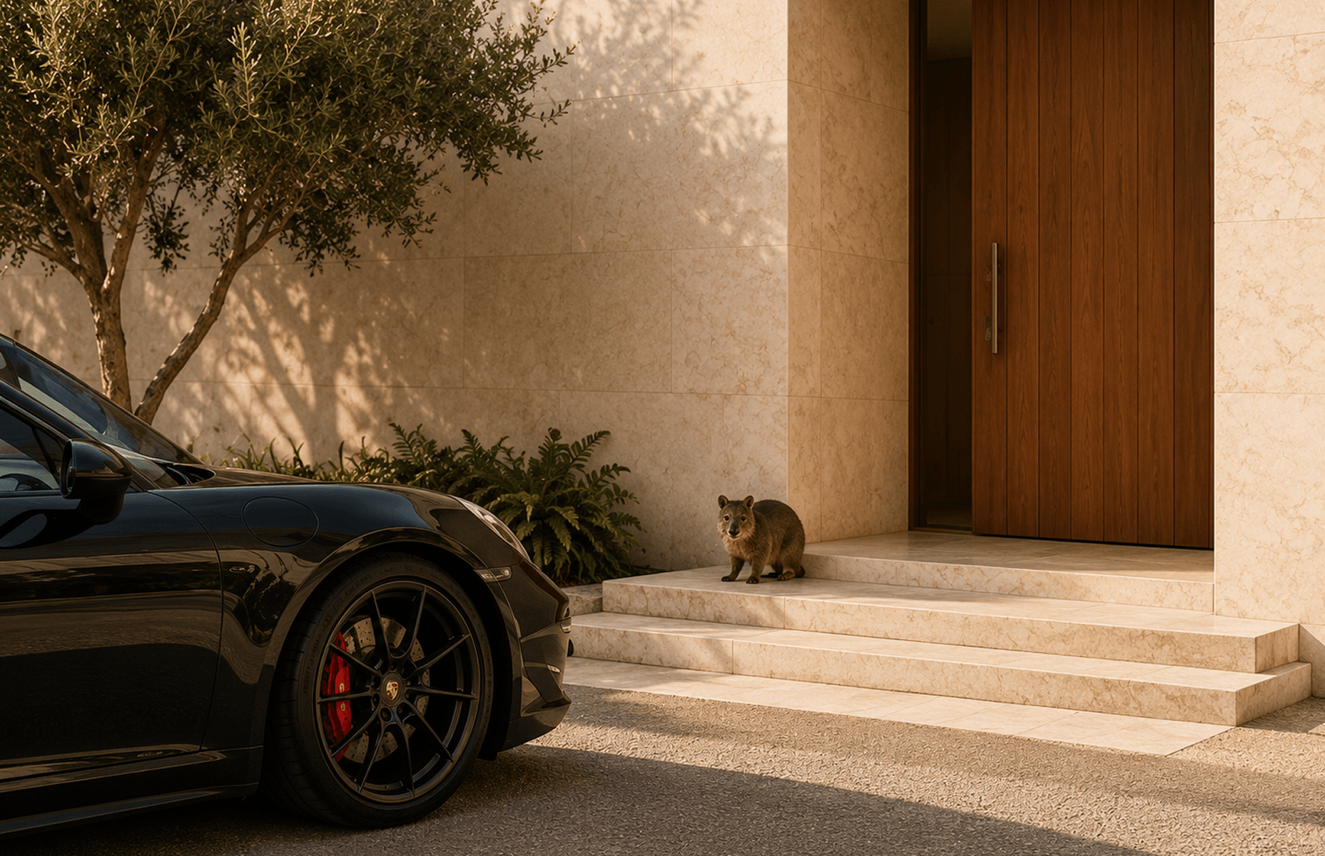 Black sports car parked beside stone steps, with a small brown animal standing near a wooden doorway.
