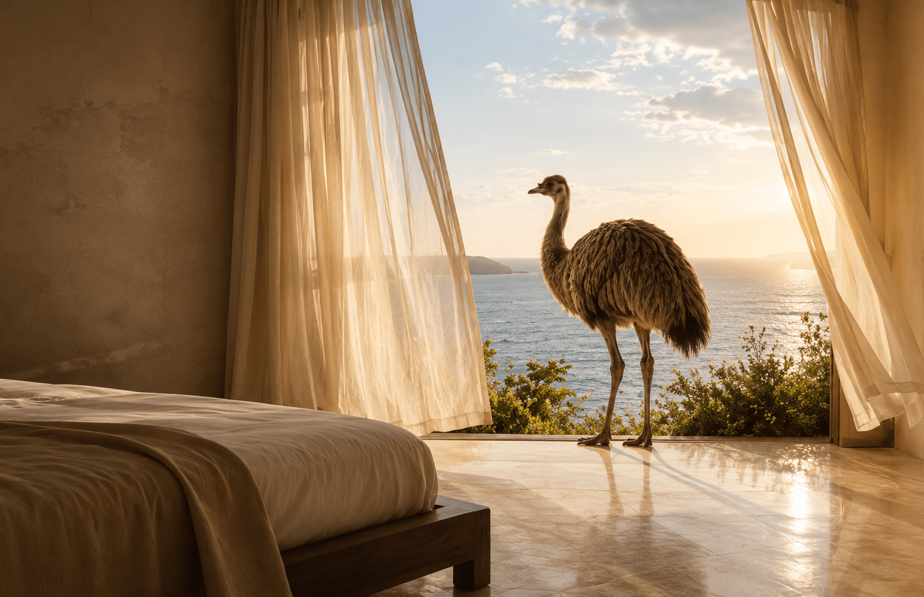 A large flightless bird stands in a sunlit bedroom doorway overlooking the ocean.