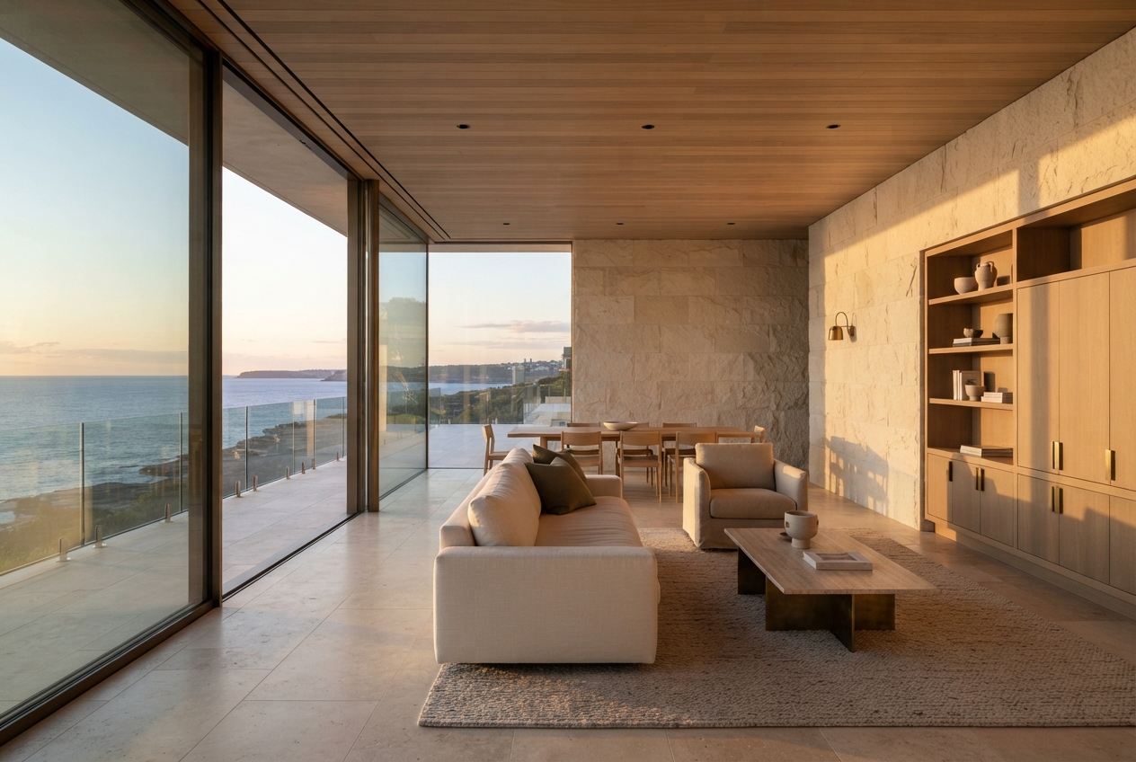 Modern oceanfront living room with floor-to-ceiling windows, dining area, stone walls, and warm wood cabinetry.