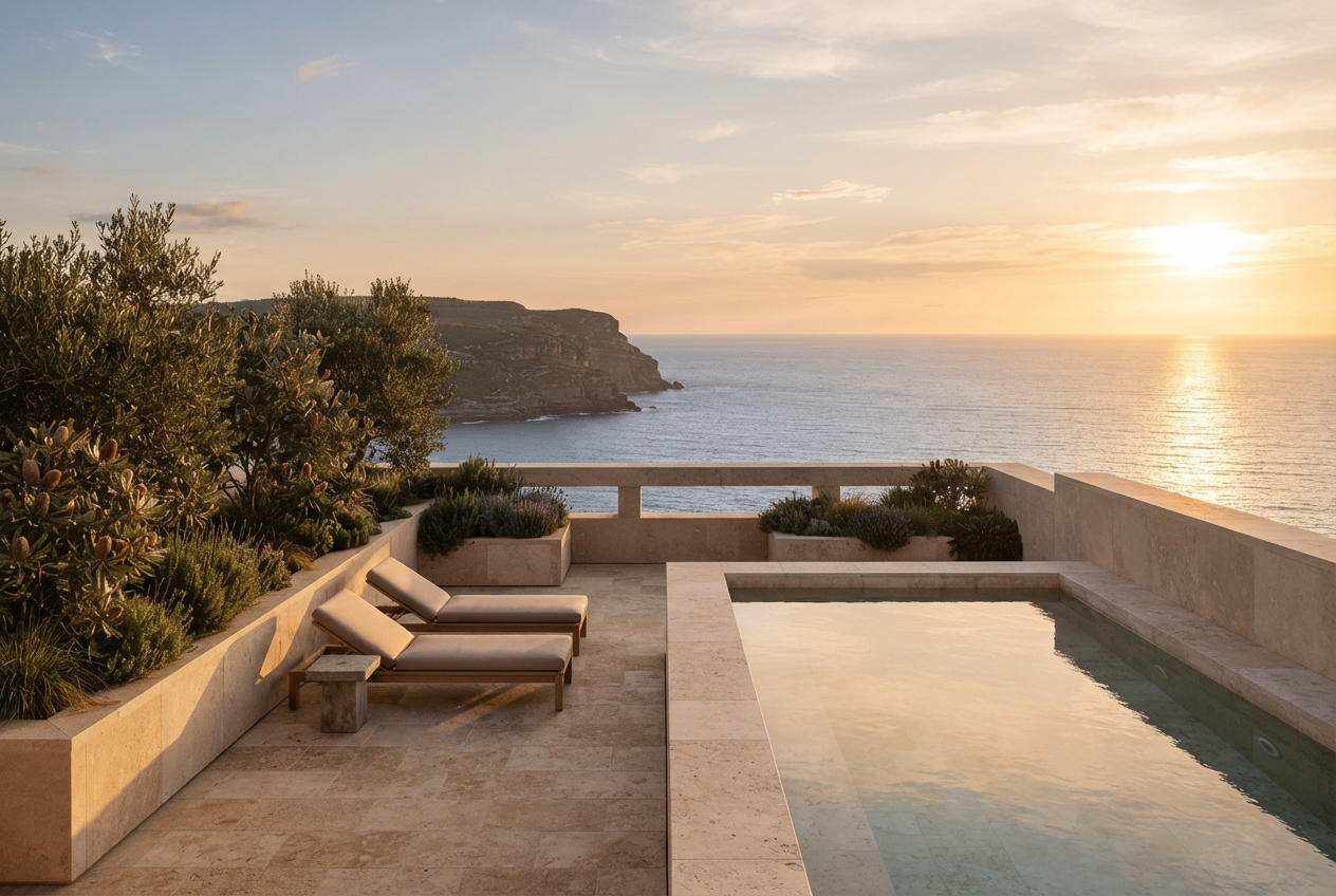 Sunset-lit seaside terrace with a pool, lounge chairs, coastal vegetation, cliff, and ocean view.