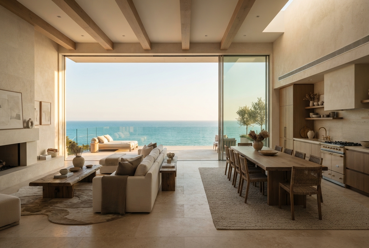 Open-plan coastal living space with sofas, dining table, kitchen, and ocean view through glass doors.